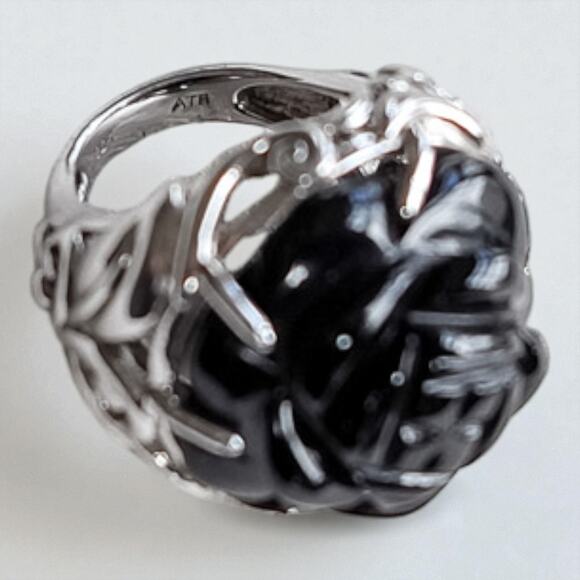 Vintage 925 Silver Carved Black Onyx Rose Ring Size 5.75 Chunky Statement - Picture 7 of 10
